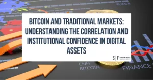Bitcoin and traditional markets correlation concept, showcasing financial charts, digital assets, and institutional investment trends